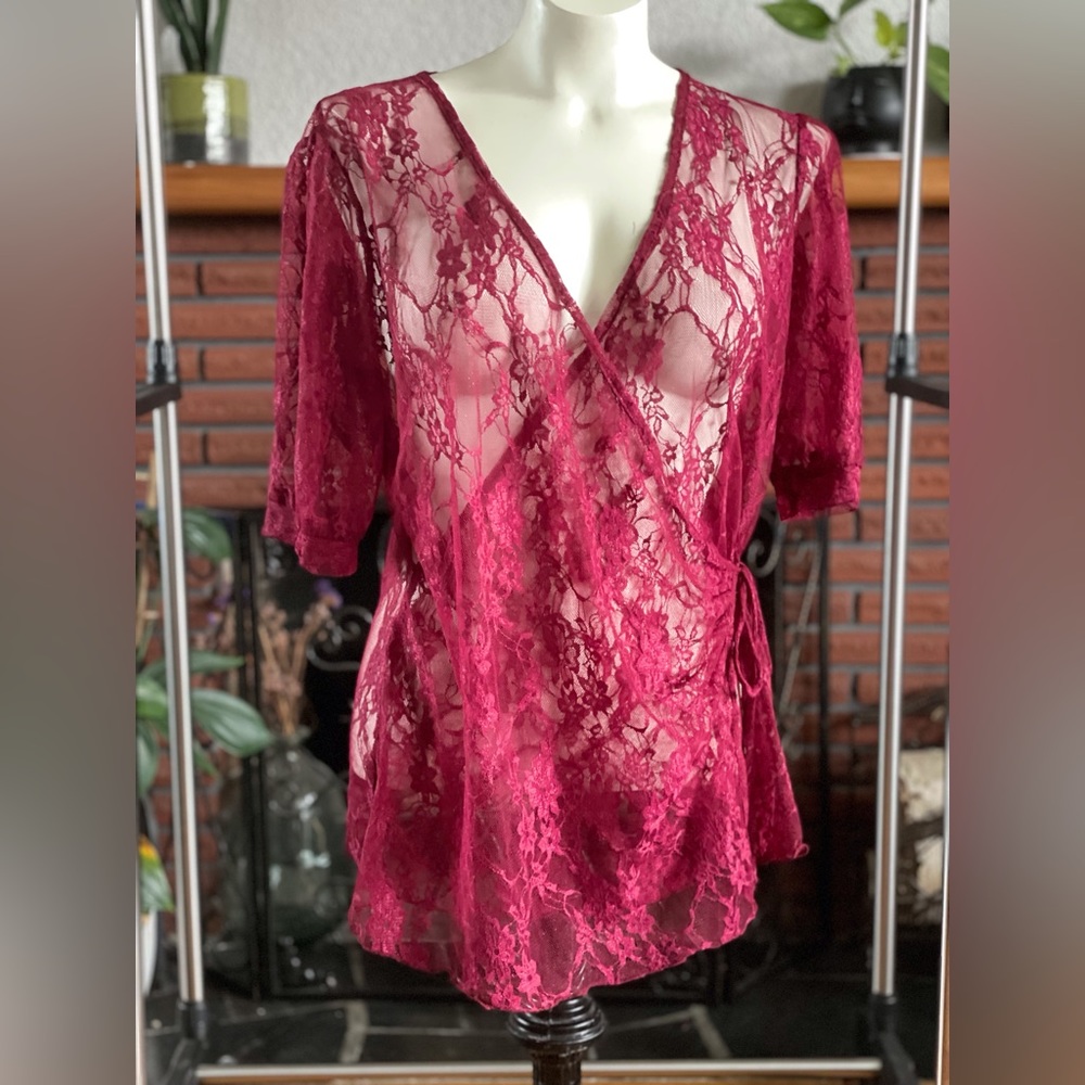 Plumb Brand Wrap Lace Top Burgundy 23” Ptp